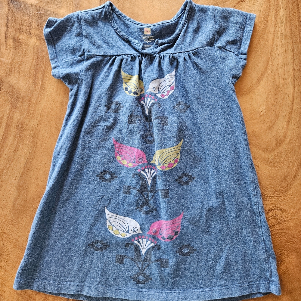Tea Collection Blue Dress Floral Birds Design Size 5 100% Cotton